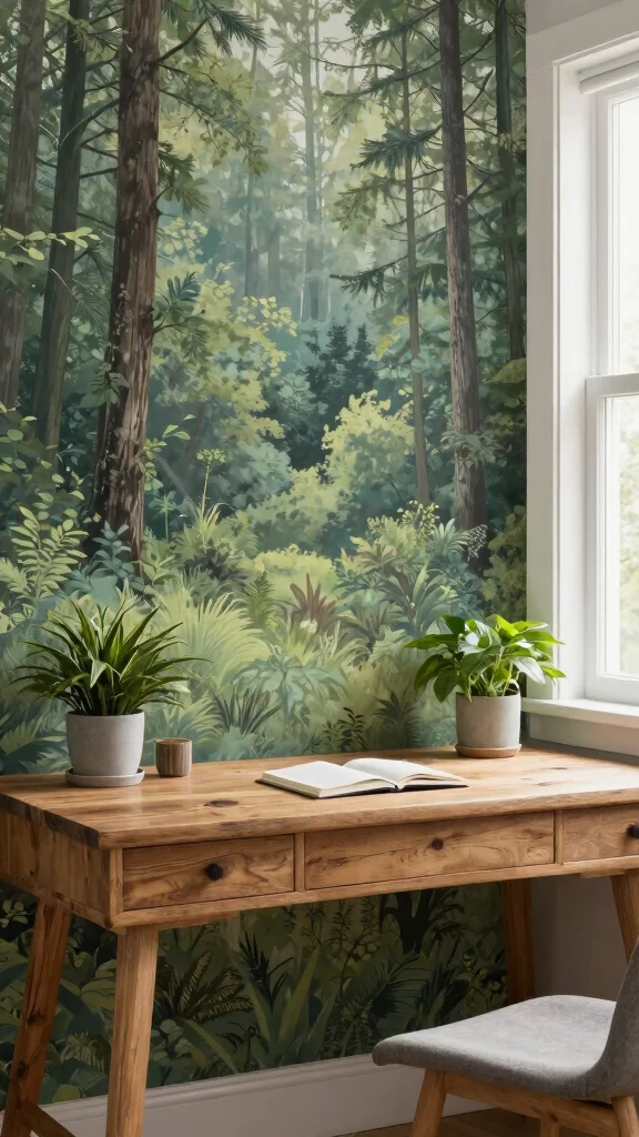 11 Study Room Wallpaper Ideas From Subtle Textures to Bold Prints - 7. Eco-Conscious Nature Scenes 1