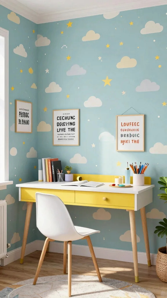 11 Study Room Wallpaper Ideas From Subtle Textures to Bold Prints - 9. Whimsical Patterns for Creative Minds 1