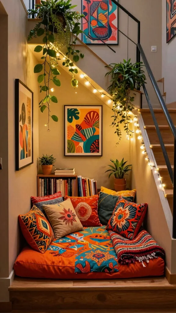11 Under Stairs Reading Room Ideas That Turn Dead Space Into Magic - 2. Cozy Bohemian Vibes 1