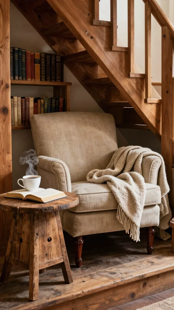 11 Under Stairs Reading Room Ideas That Turn Dead Space Into Magic - 3. A Rustic Escape 1