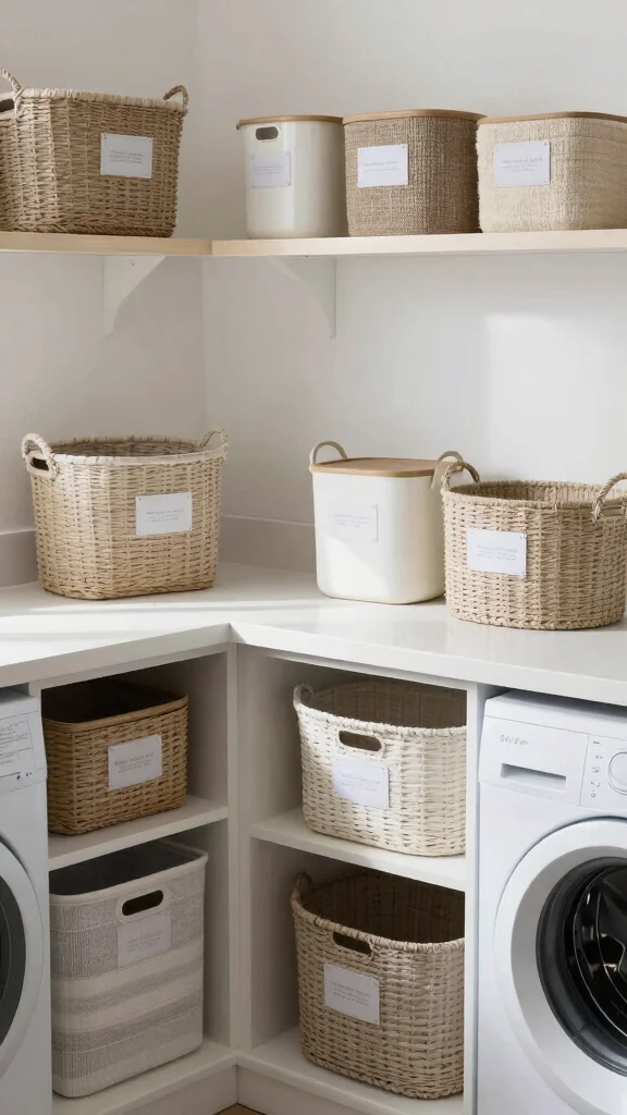 12 Laundry Room Cabinet and Shelf Concepts for Maximum Storage - 12. Chic Baskets and Containers 1