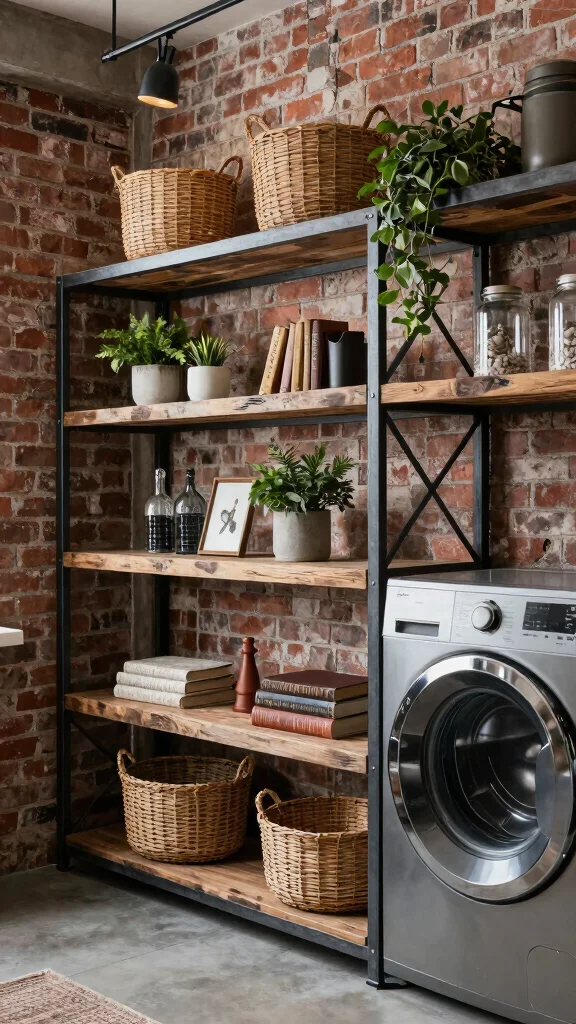 12 Laundry Room Cabinet and Shelf Concepts for Maximum Storage - 6. Industrial-Style Shelving 1