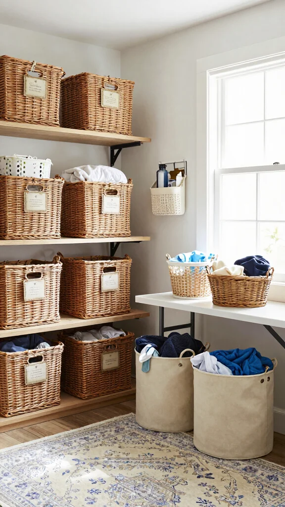 12 Laundry Room Makeover Ideas on a Budget With Big Visual Impact - 3. Stylish Organization with Baskets 1