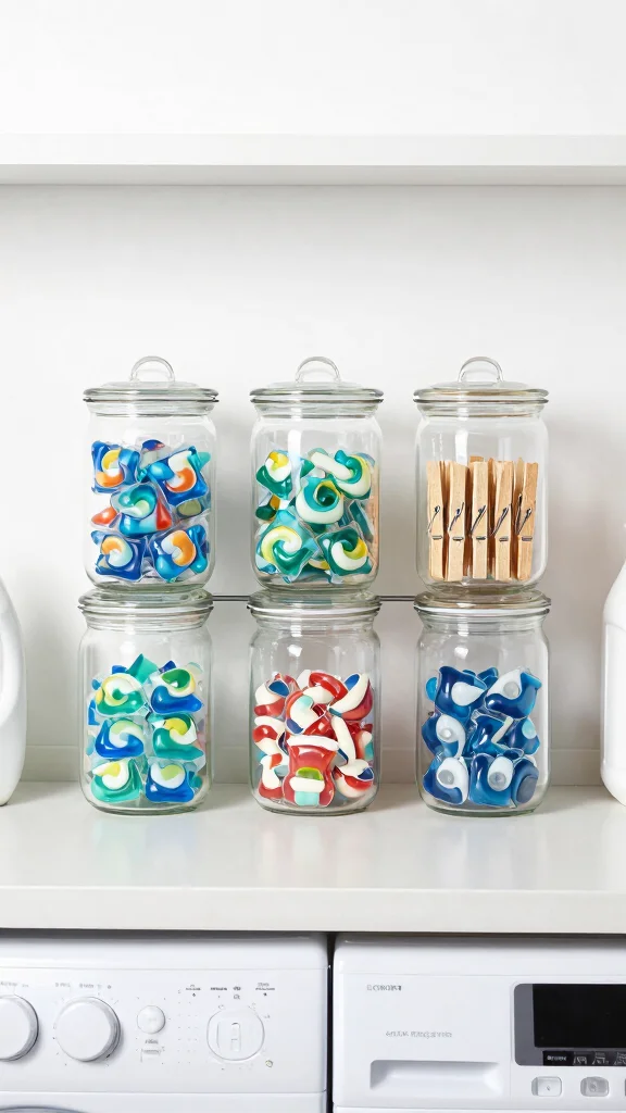 12 Laundry Room Shelving Ideas for an Organized, Streamlined Look - 10. Glass Jar Displays 1