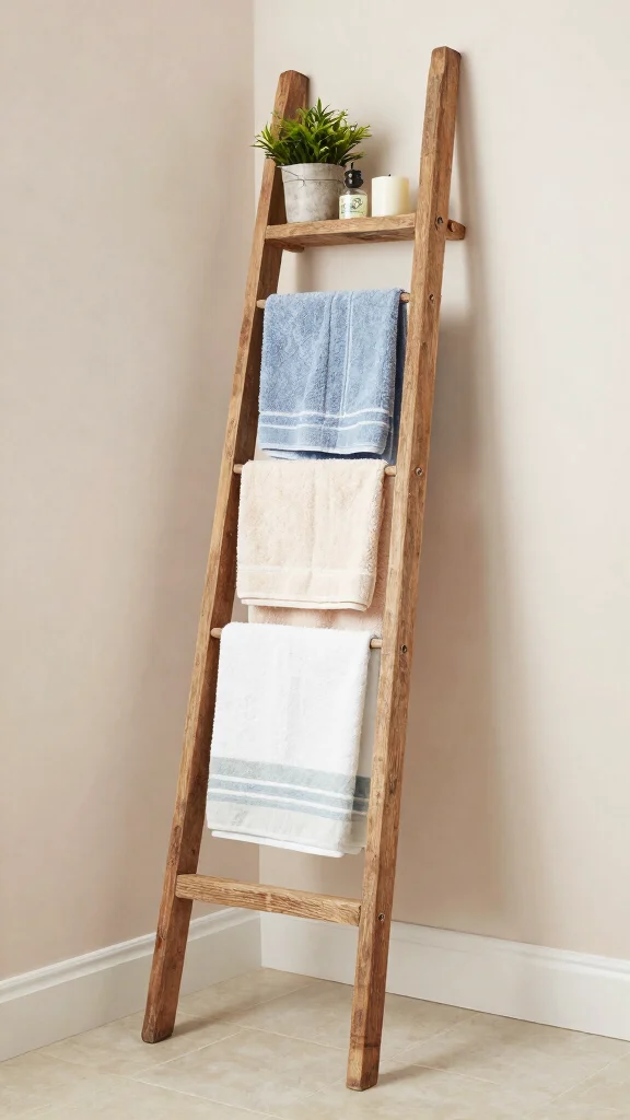 12 Laundry Room Shelving Ideas for an Organized, Streamlined Look - 4. Vintage Ladder for Towel Display 1