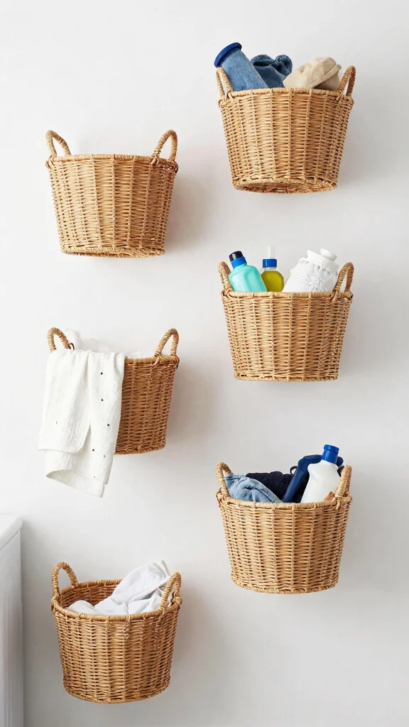 12 Laundry Room Shelving Ideas for an Organized, Streamlined Look - 5. Wall-Mounted Baskets 1