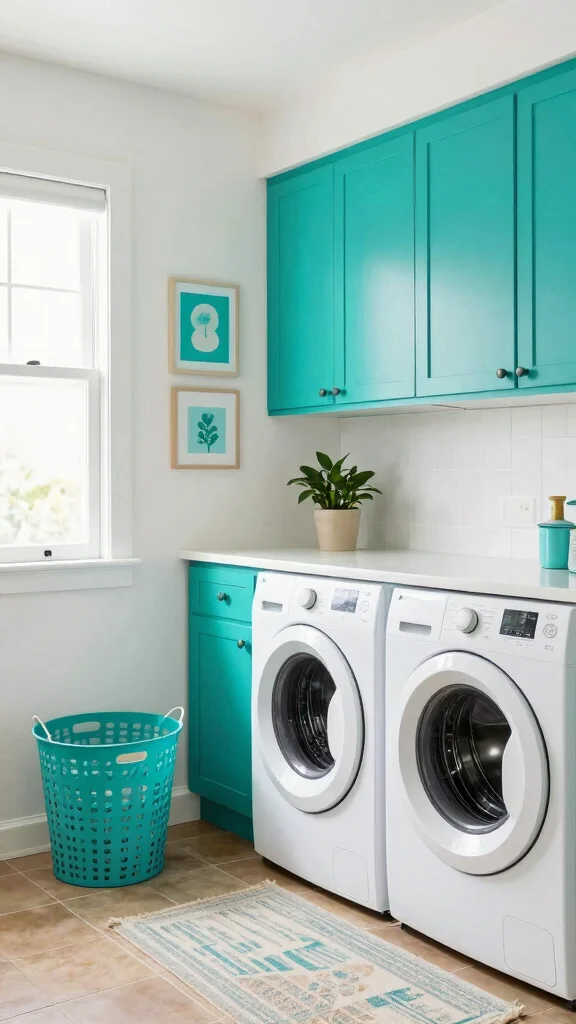 12 Laundry Room Upper Cabinet Ideas That Use Every Inch of Wall Space - 2. Colorful Painted Cabinets 1