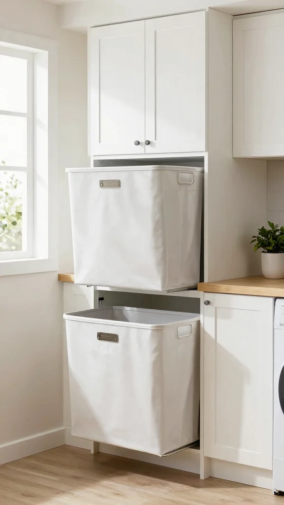 12 Laundry Room Upper Cabinet Ideas That Use Every Inch of Wall Space - 7. Cabinet with Laundry Hampers 1