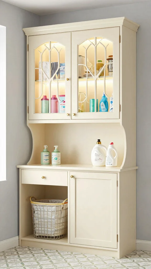 12 Laundry Room Upper Cabinet Ideas That Use Every Inch of Wall Space - 9. Cabinets with Decorative Glass Fronts 1