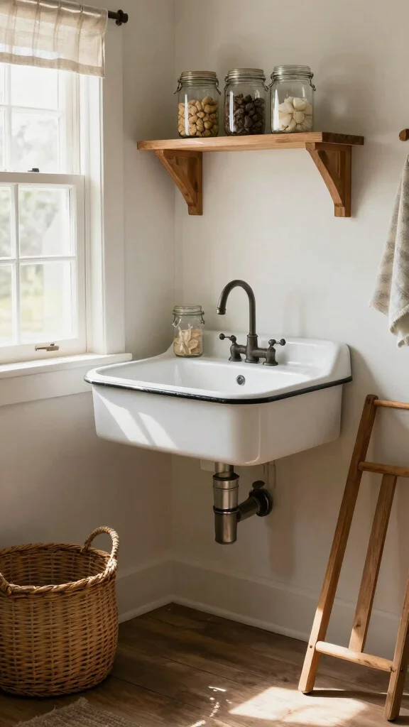 12 Laundry Room Utility Sink Ideas for a Hardworking, Stylish Space - 1. Farmhouse Chic: An Enamel Utility Sink 1