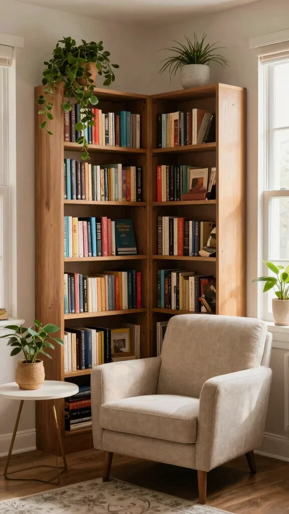 12 Reading Room Bookshelf Concepts That Store and Style at Once - 2. Corner Comfort 1