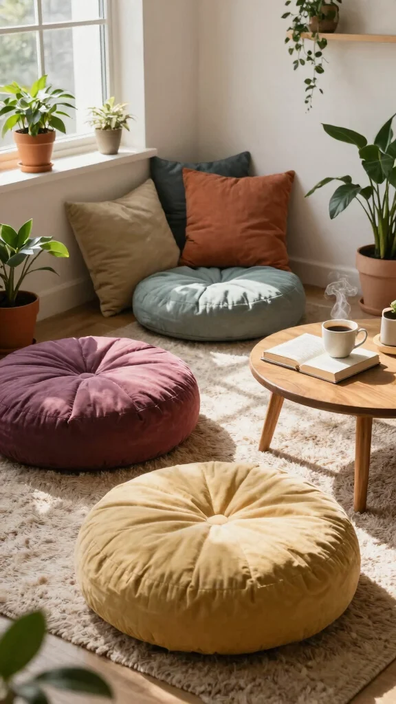 12 Reading Room Chair Ideas: From Cozy Armchairs to Hanging Bowls - 4. Floor Cushions and Poufs 1