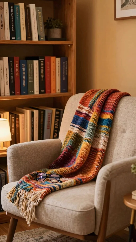 12 Reading Room Setup Ideas for a More Focused and Relaxing Space - 6. A Cozy Throw and Bookshelf Combo 1