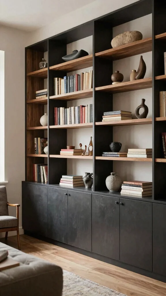 12 Reading Room Shelf Ideas That Keep Books Beautiful and Accessible - 8. Mix and Match Shelving Styles 1
