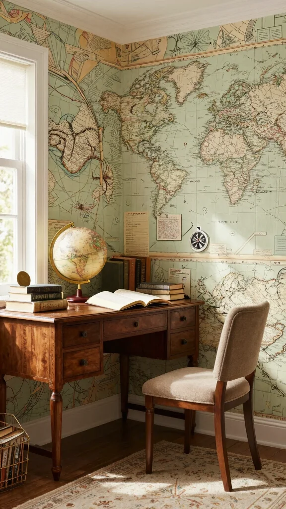 12 Reading Room Wallpaper Ideas That Add Depth and Character - 4. Vintage Map Patterns 1