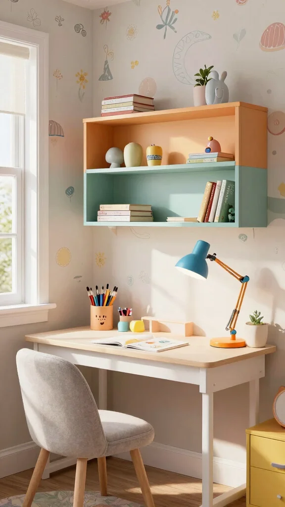 12 Study Room Design Ideas for Kids That Grow With Them - 2. Wall-Based Desks for Space Efficiency 1