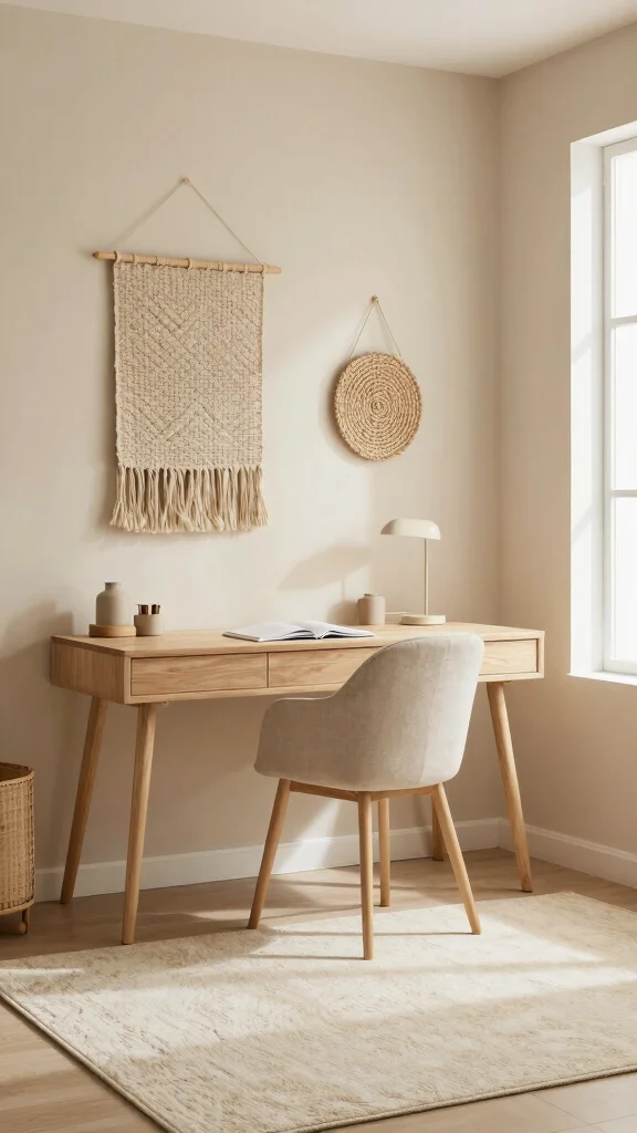 12 Study Room Wall Painting Ideas From Motivational to Minimal - 9. Soft Neutrals with Textured Wall Art 1