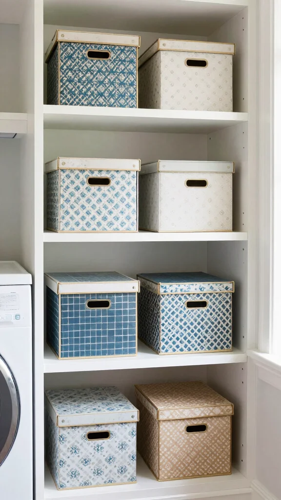 13 Laundry Room Open Shelf Ideas for an Organized, Airy Look - 10. Decorative Storage Boxes 1