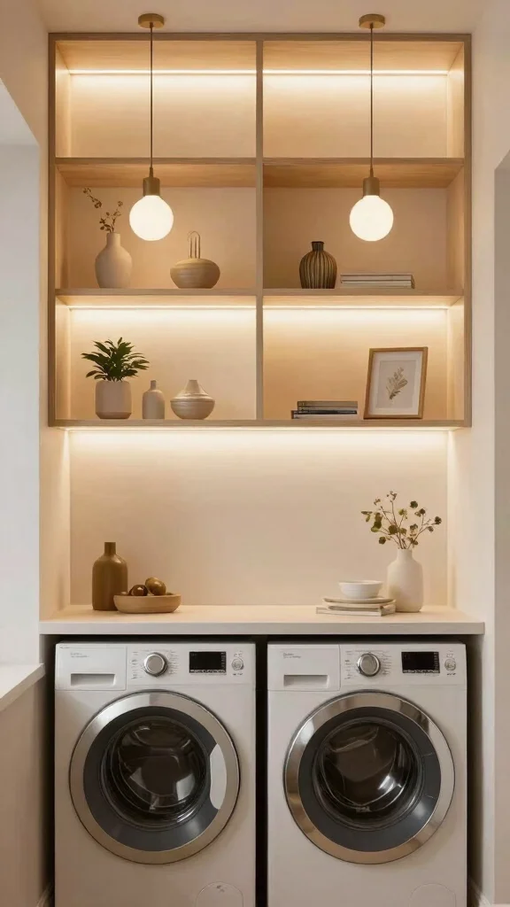 13 Laundry Room Open Shelf Ideas for an Organized, Airy Look - 11. Layered Lighting for Ambiance 1