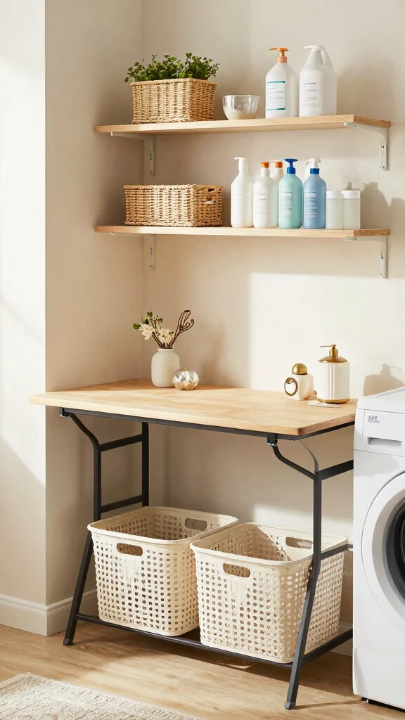 13 Laundry Room Open Shelf Ideas for an Organized, Airy Look - 12. Functional Folding Table 1