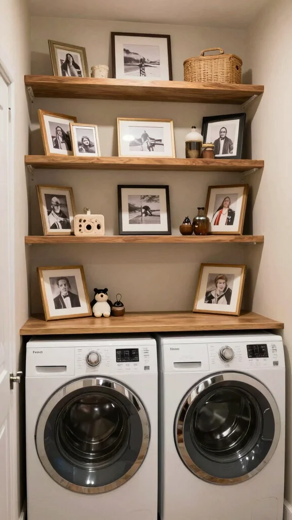 13 Laundry Room Open Shelf Ideas for an Organized, Airy Look - 13. Personalized Decorative Touches 1