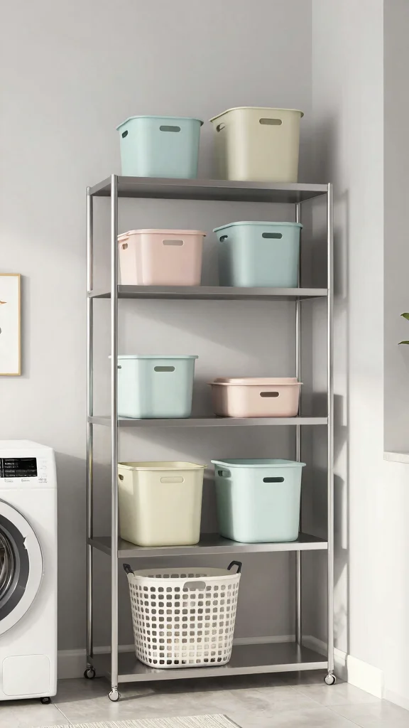 13 Laundry Room Open Shelf Ideas for an Organized, Airy Look - 2. Minimalist Metal Shelving 1