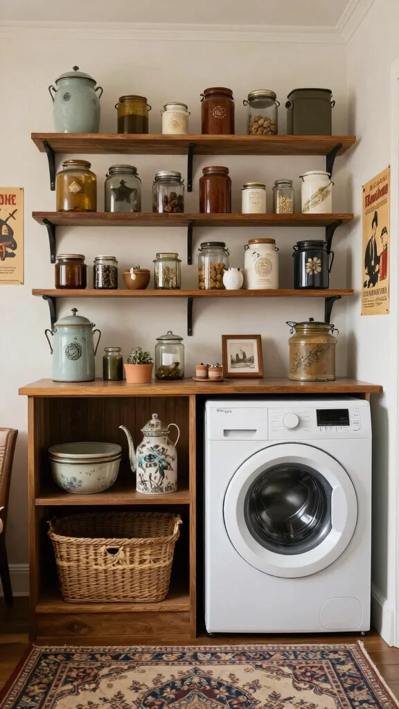 13 Laundry Room Open Shelf Ideas for an Organized, Airy Look - 4. Vintage Vibes with Antique Finds 1