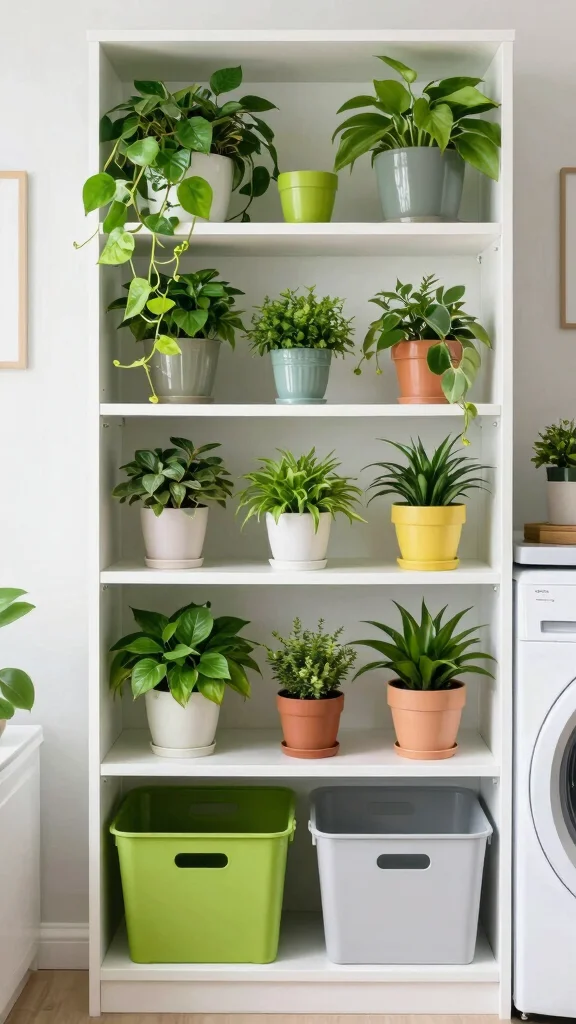 13 Laundry Room Open Shelf Ideas for an Organized, Airy Look - 5. Greenery Accents for Fresh Air 1