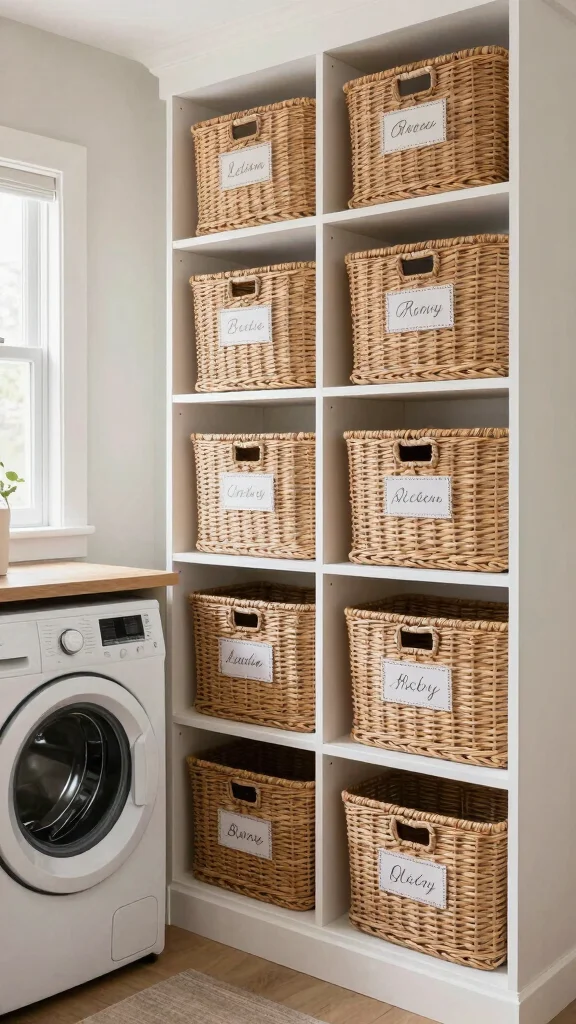 13 Laundry Room Open Shelf Ideas for an Organized, Airy Look - 6. Functional Baskets for Smart Storage 1