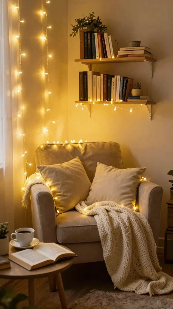 13 Reading Room Wall Decor Ideas That Inspire Every Time You Look Up - 12. String Lights for Magical Ambiance 1