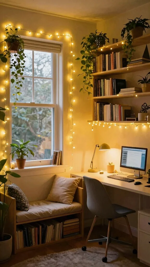 13 Study Room Lighting Ideas for Focus, Comfort, and Good Vibes - 12. Decorative String Lights 1