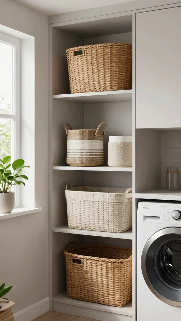 14 Laundry Room Cabinet Ideas for Every Style and Storage Need - 11. Stylish Storage Solutions with Baskets 1