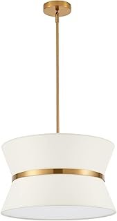 Modern Chandelier with Off-White Fabric Shade and Brass Finished Adjusta...
