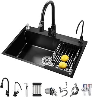 ARTLINE Black Kitchen Sink, Stainless Steel Single Bowl Sink, Drop In/To...