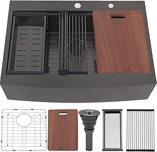 VC CUCINE 33x22 Inch Drop In Gunmetal Black Farmhouse Sink, 16 Gauge Sta...