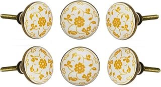 TRINCA-FERRO Set of 6 Round Yellow and White Ceramic Floral Knob for Cab...