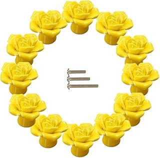 12-Pack Yellow Rose Ceramic Knobs, Rose Flower Ceramic Vintage Pulls Kit...