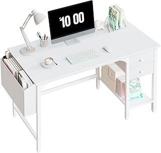 White Small Desk with Drawers - 40 Inch Computer Desk for Small Space Ho...
