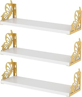 Hoikwo 3 Pack Butterfly Wall Shelves, White Gold Floating Book Shelves, ...