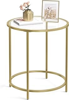VASAGLE Round Side Table, Glass End Table with Metal Frame, Gold Coffee ...