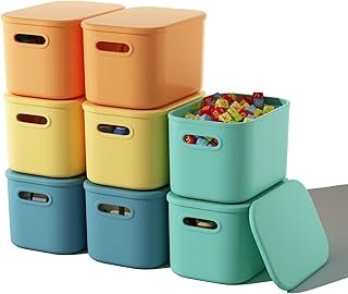 8 Pack Colorful Storage Bins with Lids Stackable Storage Container for O...