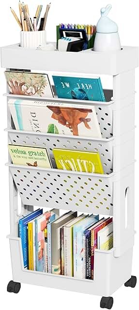 5-Tier Mobile Bookshelf, Rolling Bookcase Book Storage Rack, Movable Fil...