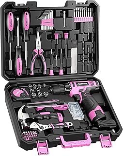 PULITUO Drill Set, 148-Piece Home Tool Set with 12V Pink Cordless Drill,...