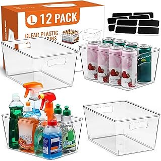 12 PACK LARGE Clear Storage Bins with Handles & Labels, Multiuse Plastic...