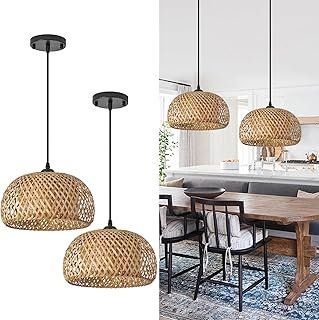 TERLEENART Bamboo Pendant Light,Set of 2 Boho Round Basket Chandelier Ha...