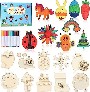 Worgree DIY Wooden Magnets, 36 pcs Wooden Art Craft Supplies Painting Ki...