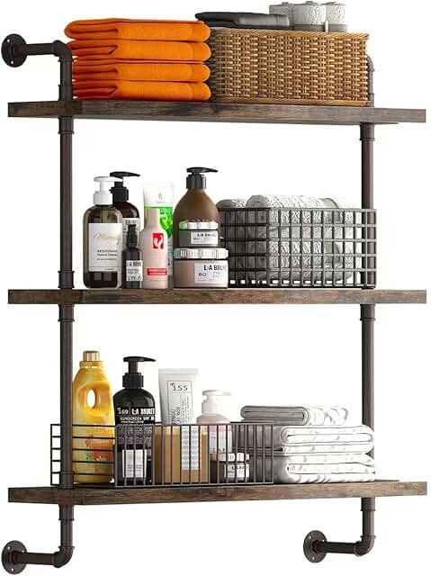 Helsin 3 Tier Industrial Pipe Shelf Rustic Wood Floating Shelves,Wall Di...