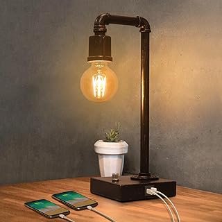 Industrial Table Lamp, Vintage Bedside Lamp with USB C and USB A Chargin...