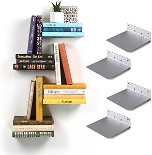 Floating Invisible Bookshelf Wall Mounted (Set of 4) - Aluminum - Turn B...