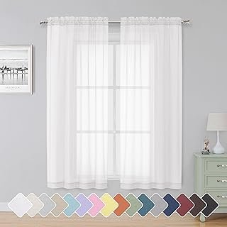 Simplebrand Sheer White Curtains 63 Inch Length 2 Panels, Rod Pocket Sol...